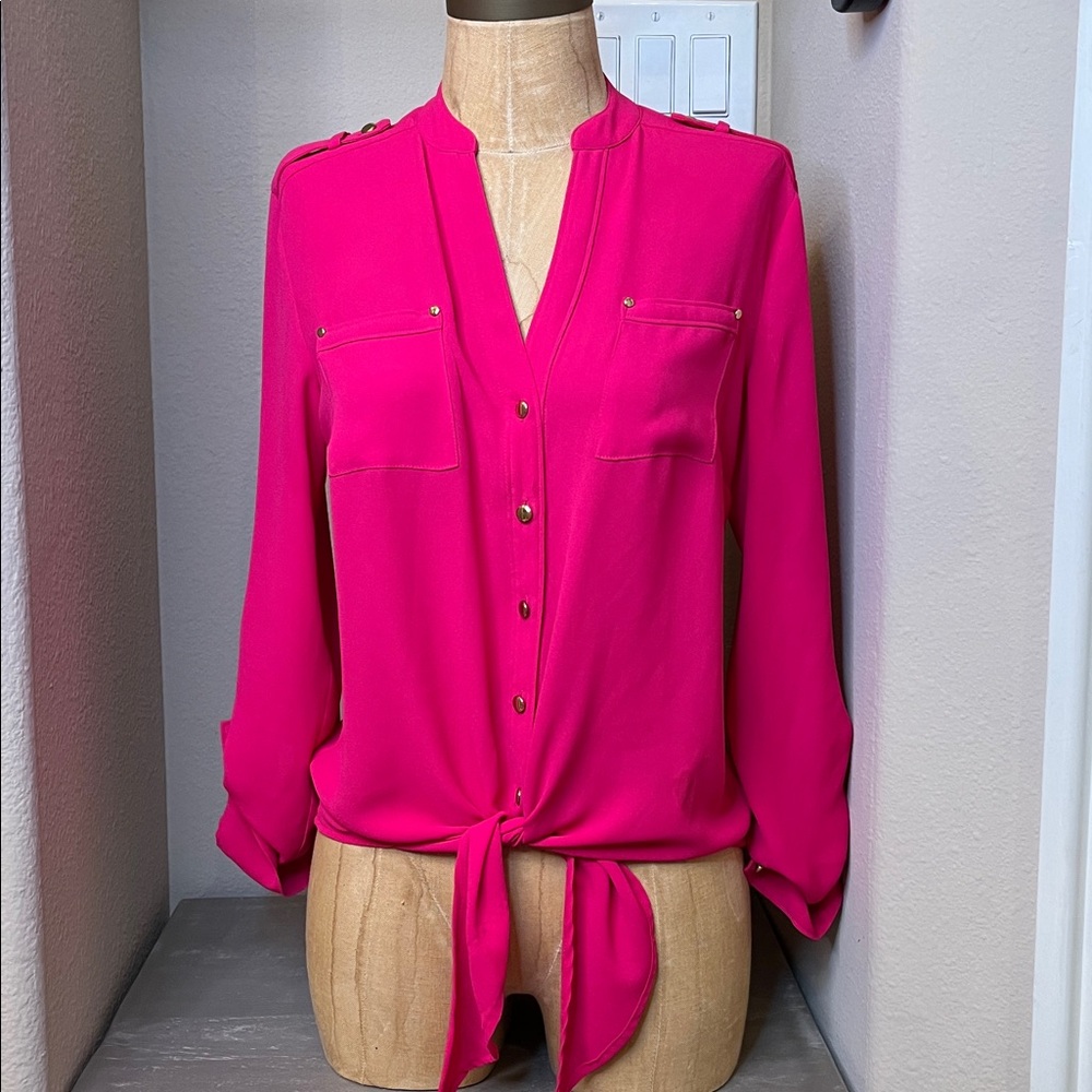 Caché Hot Pink Long Sleeve Button Up Blouse 💓 XS